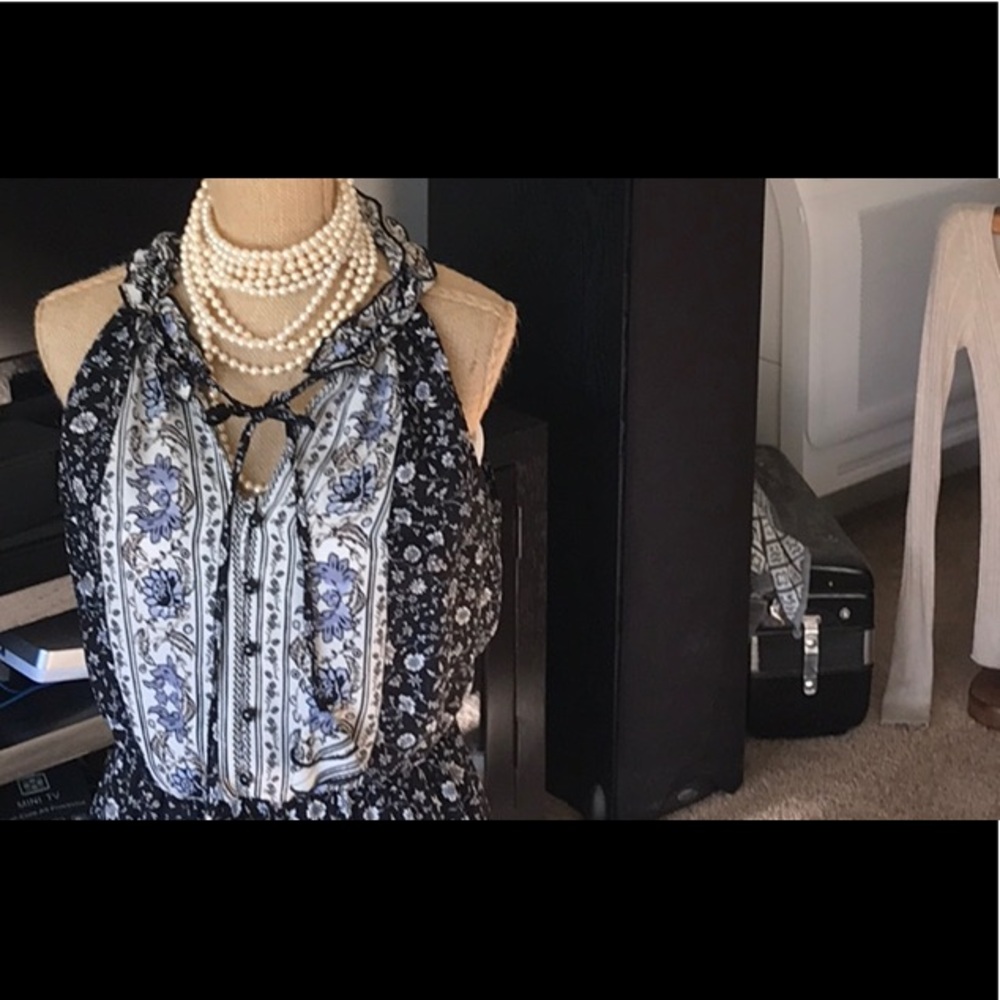 Knox Rose Floral Black White Prairie Boho Tie Tassel Maxi Dress Sz M